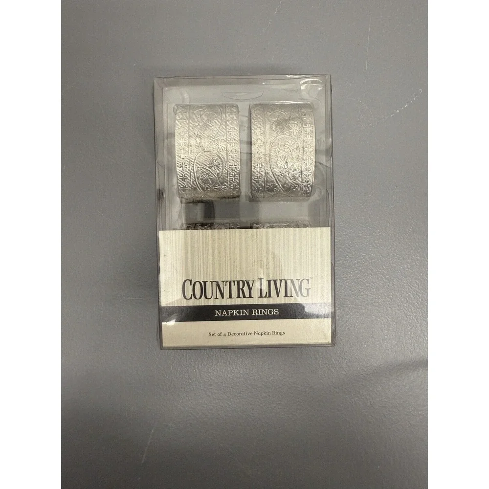 New Set of 4 Country Living Silver Color Embossed Metal Napkin Rings Vintage #20
